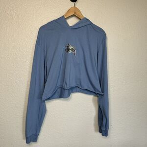 Stussy Hoodie Women L Blue Cropped Top Hologram Graphic Skater 90s Streetwear